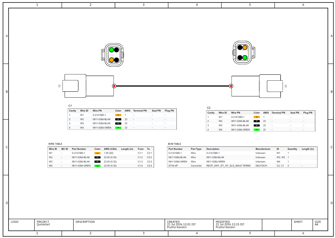 Finished drawing: two DT04-4P connectors joined by a wired cable, each with a cavity table, plus a wire table and BOM table on an A4 sheet.