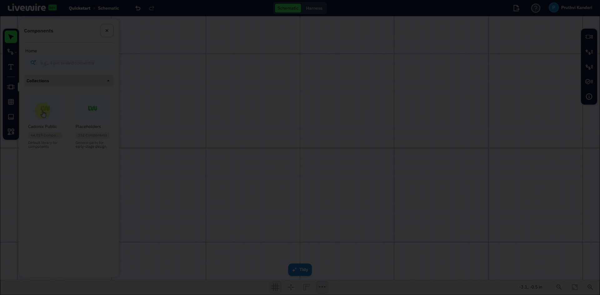 Screen recording: opening the component table, choosing the Cadonix Public library, finding the DT04-4P connector, placing it twice on the canvas, and flipping connector C2.