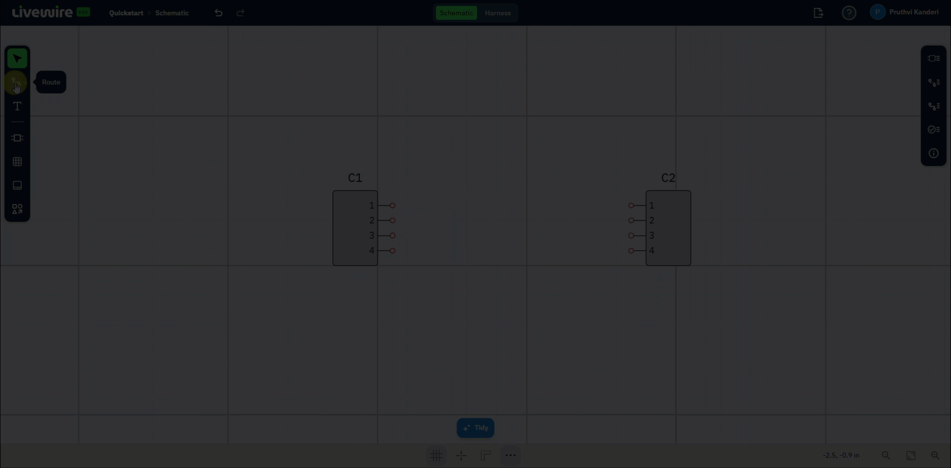 Screen recording: selecting the Route command, connecting Pin 1 on C1 to Pin 1 on C2, routing the remaining pins, and pressing Esc to exit.