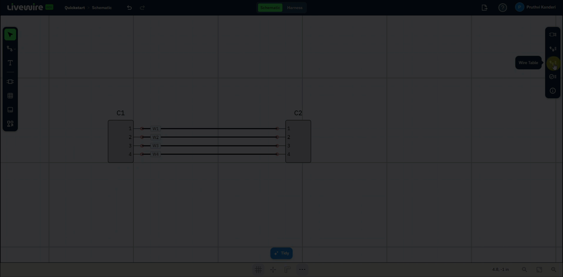 Screen recording: opening the Wire Table from the right command bar, selecting wire W1, and assigning the wire part number 0-2141580-1.