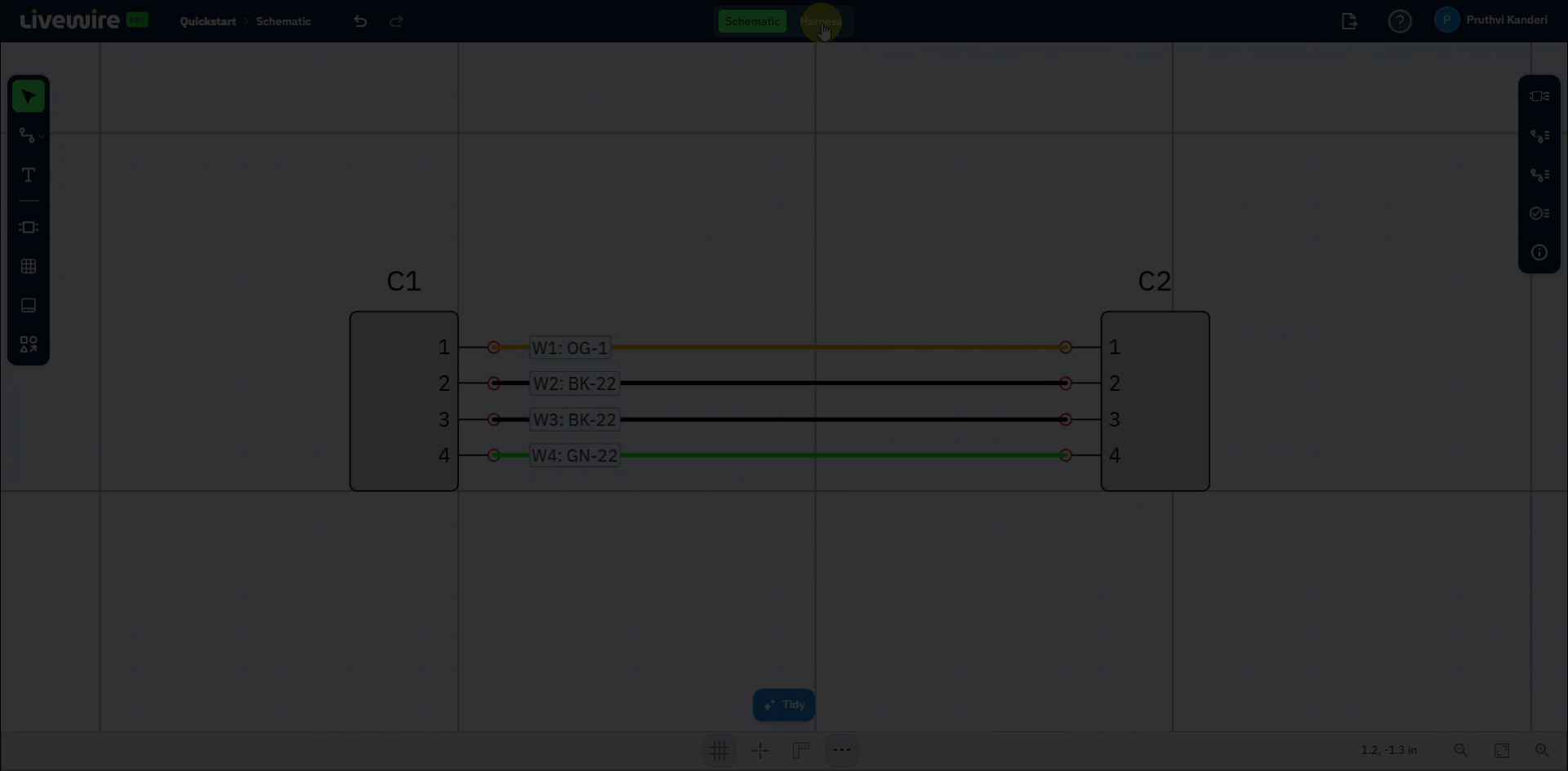 Screen recording: switching to Harness, placing all connectors from the Connector Table, bundling C1 to C2, adding a cavity table, and turning on the loading view in Connector Properties.