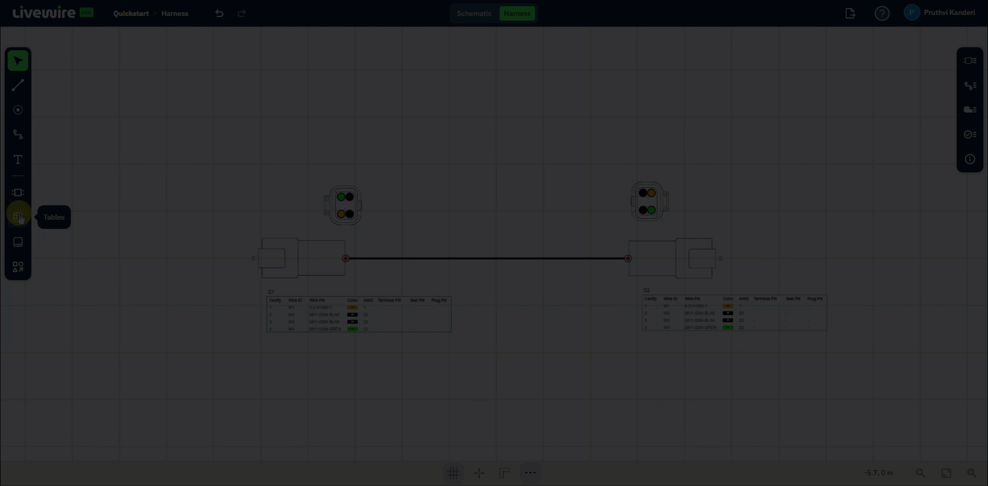 Screen recording: opening Tables, placing the Wire Table and BOM Table on the canvas, opening Frames, adding an A4 landscape frame, and dragging its border to fit the harness.