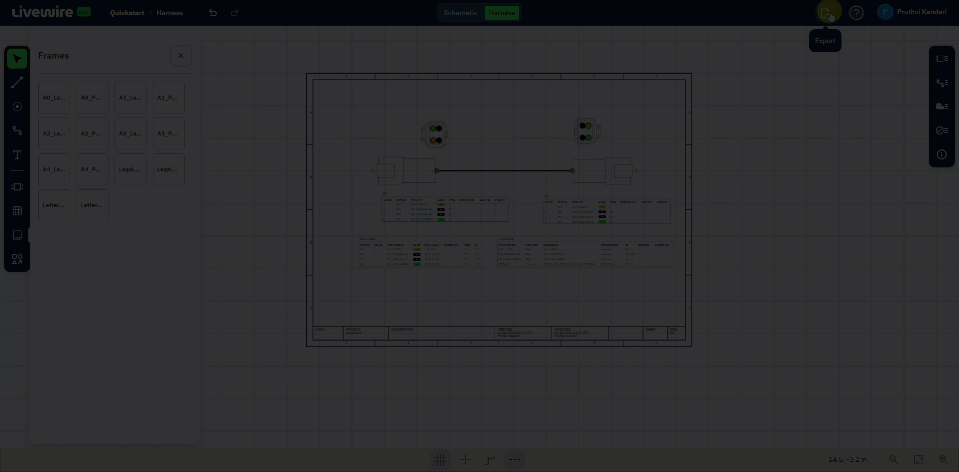 Screen recording: clicking Export in the top bar and choosing Export entire drawing as PDF for the full framed harness drawing.